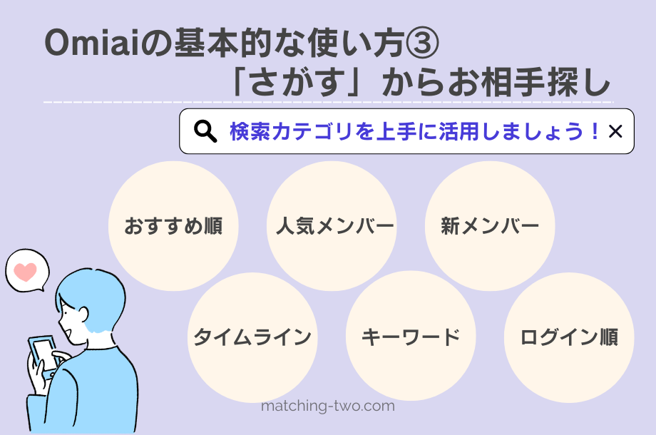 Omiaiの基本的な使い方③「さがす」からお相手探し