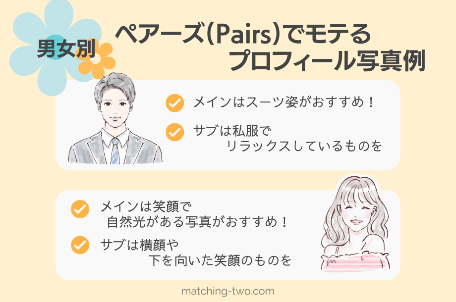 【男女別】ペアーズ(Pairs)でモテるプロフィール写真例